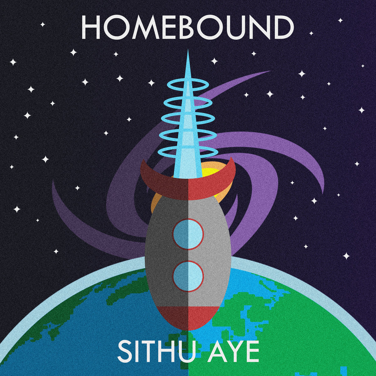 Album cover for 'Homebound' featuring a cartoonesque rocketship flying downwards with a planet below and a spiral galaxy motif behind the rocketship in the centre