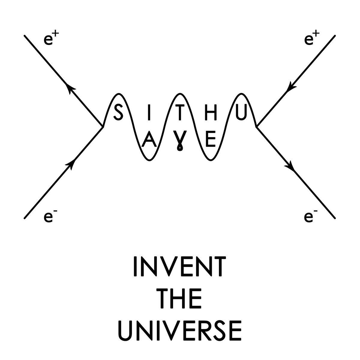 Album cover for 'Invent the Universe', white background with a black Feynman diagram