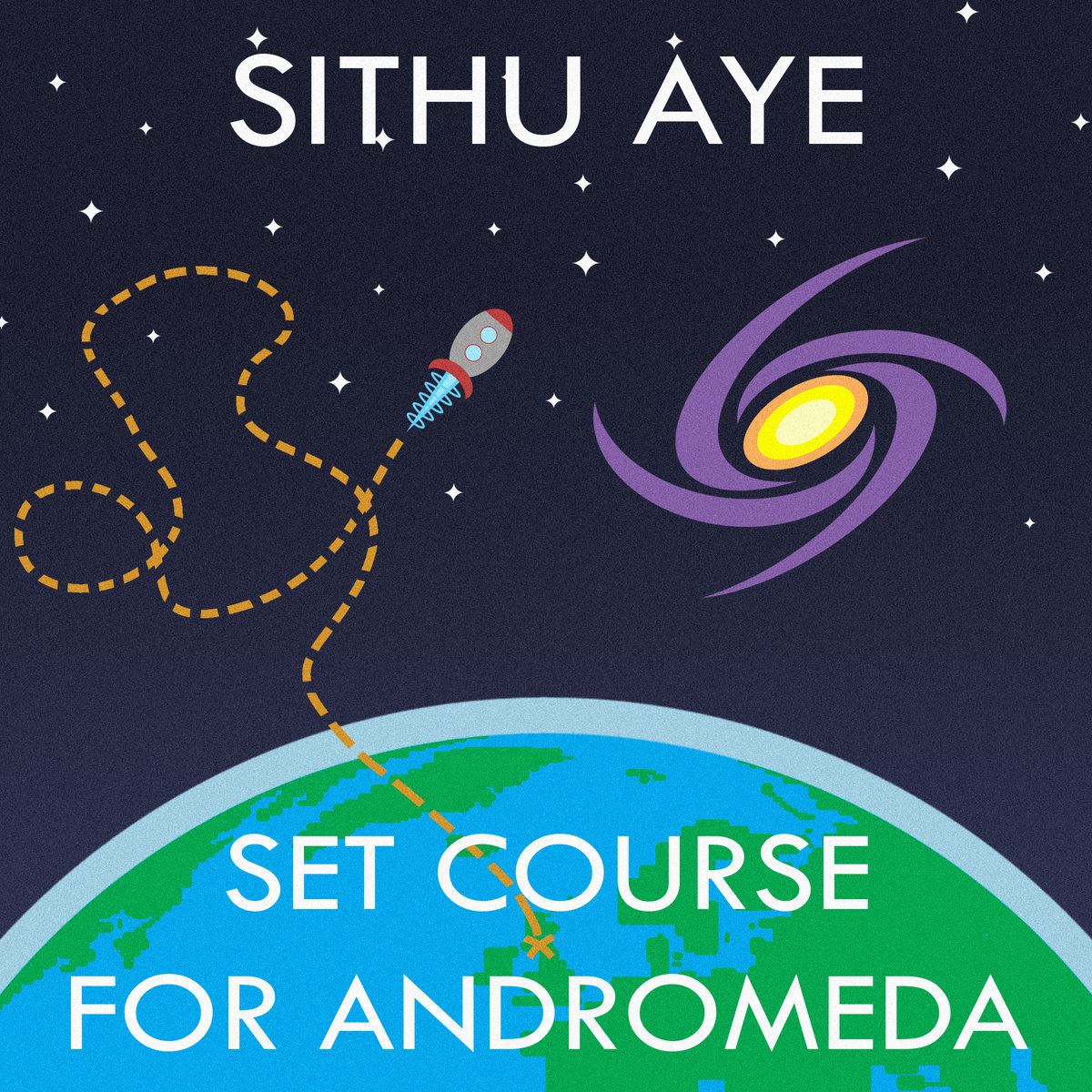 Album cover for 'Set Course for Andromeda' featuring a cartoonesque rocket ship leaving a planet and a spiral galaxy motif in the upper right corner